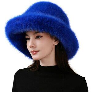Luxury Faux Fur Bucket Hat for Women Royal Blue
